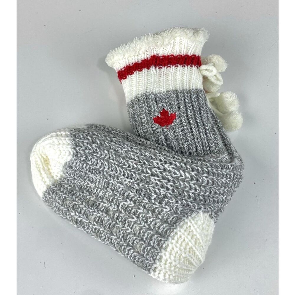 NEW Hand Knit Maple Leaf Bottom Grip Slipper Socks Adjustable Tie Top Gray Red D